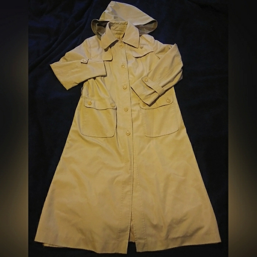 Vintage Style Beige Hooded Trench Coat Size 7/8 - Picture 5 of 10
